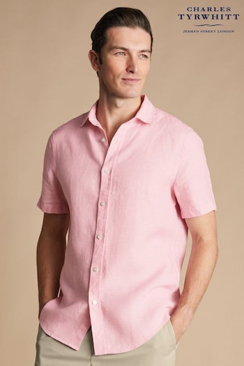 Charles Tyrwhitt Pink Classic Fit Plain Short Sleeve Pure Linen Shirt (B62935) | £70
