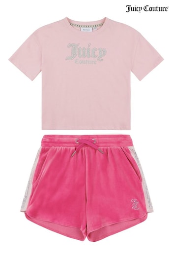 Juicy Couture Girls Pink Diamante T-Shirt & Shorts Set (B62970) | £65 - £78
