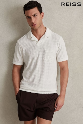 Reiss White Cuba Cotton Blend Cable Knit Polo Shirt (B63087) | £78