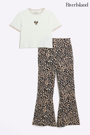 River Island Brown Girls  Leopard T-Shirt and Kickflare Set (B63089) | £24