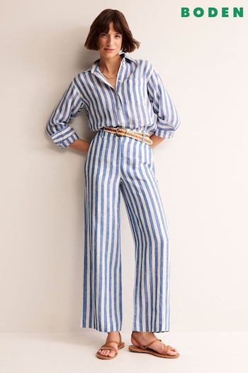 Boden Blue Westbourne Striped Linen Rib Trousers (B63169) | £90