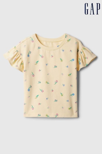 Gap Yellow Floral Print Short Flutter Sleeve Crew Neck T-Shirt (Newborn-5yrs) (B63243) | £8