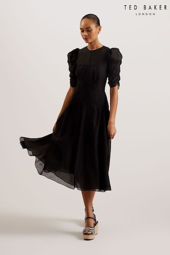 Ted Baker Tatsu Puff Sleeve Midi Black Dress (B63304) | £250