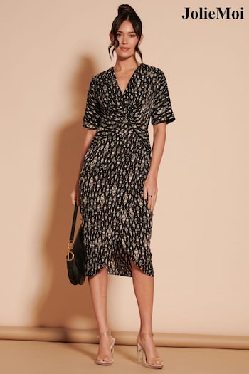 Jolie Moi Print Twist Front Tulip Black Midi Dress (B63441) | £65