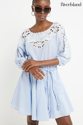 River Island Blue Short Sleeve Cld Shldr Godet Mini Dress (B63750) | £50