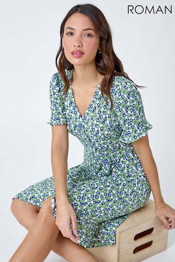 Roman Green Ditsy Floral Side Button Dress (B63965) | £40