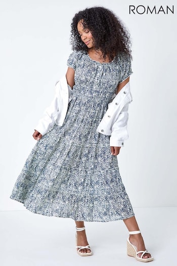 Roman Blue PetiteAbstract Print Puff Sleeve Cotton Dress (B64088) | £45