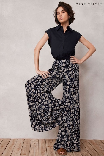 Mint Velvet Blue Navy Floral Print Wide Trousers with (B64227) | £89