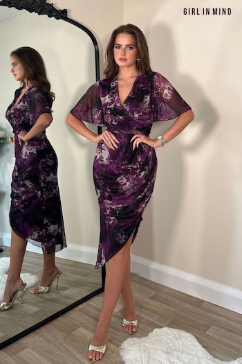 Girl In Mind Purple Floral Natasha Angel Sleeve Wrap Midi Dress (B64336) | £46