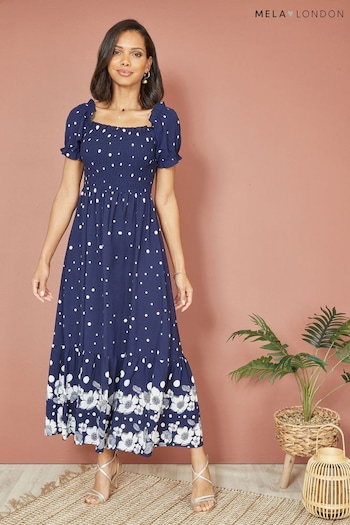 Mela Blue Spot And Floral Print Border Ruched Midi Dress (B64367) | £40