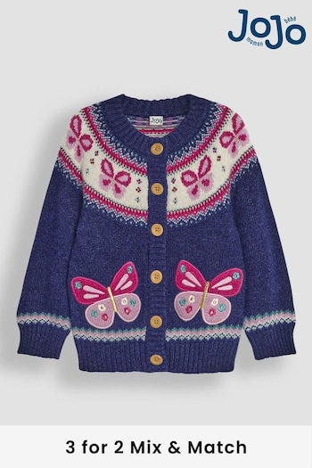 JoJo Maman Bébé Navy Blue Butterfly Knit Fair Isle Cardigan (B64423) | £29