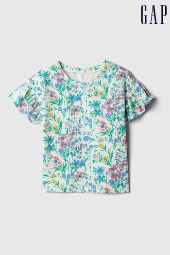 Gap White, Blue & Pink Floral Print Flutter Short Sleeve Crew Neck T-Shirt (3mths-5yrs) (B64502) | £8
