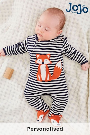 JoJo Maman Bébé Navy Ecru Stripe Fox Baby Personalised Appliqué Zip Cotton Sleepsuit (B64559) | £27