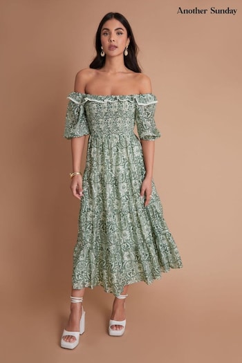 Another Sunday Green Bardot Milkmaid Lace Trim Detail Midi Tiered Dress (B64663) | £65