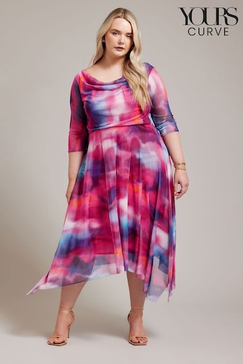 YOURS LONDON Curve Pink Cowl Neck Mesh Midi Dress (B64801) | £55