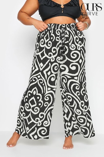 Yours Curve Black Abstract Print Crinkle Tassel Trousers (B64807) | £24
