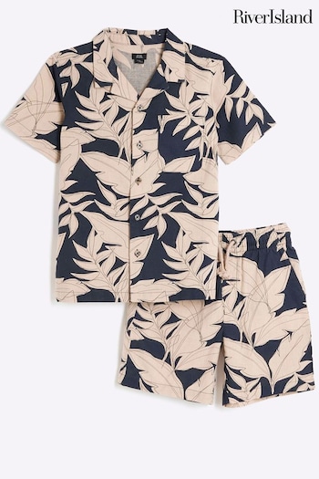 River Island Black slitta Leaf Print Shirt and Shorts Set (B64920) | £28 - £35