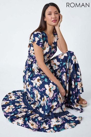 Roman Blue Floral Print Shirred Waist Maxi Dress (B65012) | £48