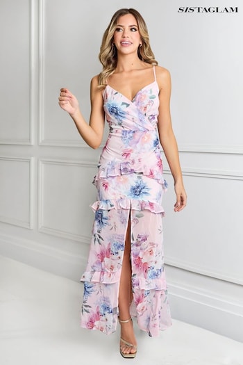 Sistaglam Pink Maxi Floral Chiffon Dress With Frill Hem (B65085) | £100