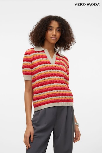 VERO MODA Red Stripe Crochet Knitted V-Neck Polo Top (B65135) | £34