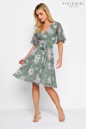 PixieGirl Petite Green Floral Print Mesh Wrap Dress (B65250) | £39