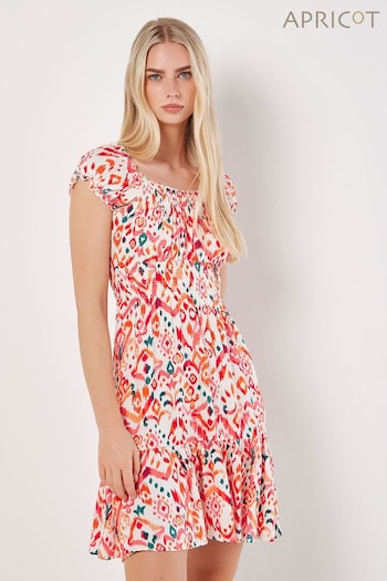 Apricot Cream Tie Dye Ikat Milkmaid Tiered Dress (B65288) | £35