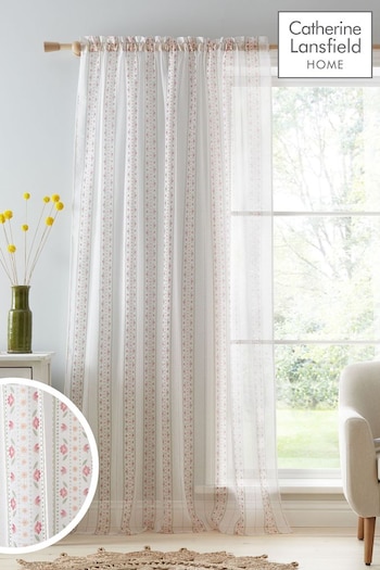 Catherine Lansfield White Floral Stripe Slot Top Voile Panel Curtains (B65304) | £10 - £16