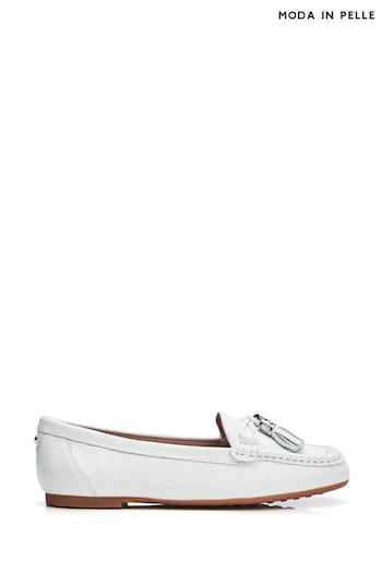 Moda in Pelle Famina Square Toe Bow Tassel Trim Lined White Loafers (B65739) | £89