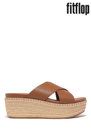 FitFlop Eloise Espadrille Leather Wedge Cross Brown Slides (B65858) | £135