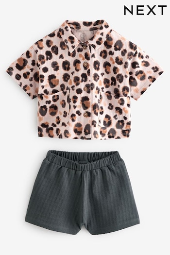 Brown Leopard Print Short Sleeve Shirt and Shorts Set (3mths-7yrs) (B65941) | £12 - £14
