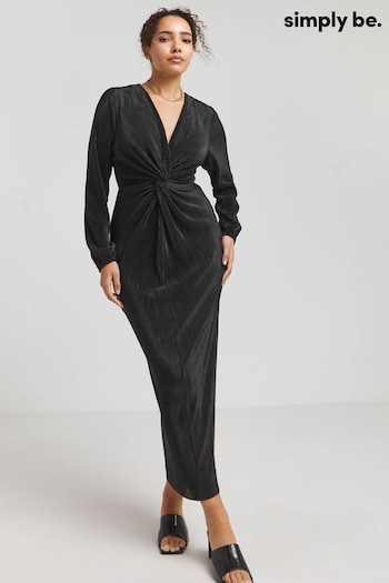 Simply Be Knot Front Plisse Midi Black Dress (B65994) | £42