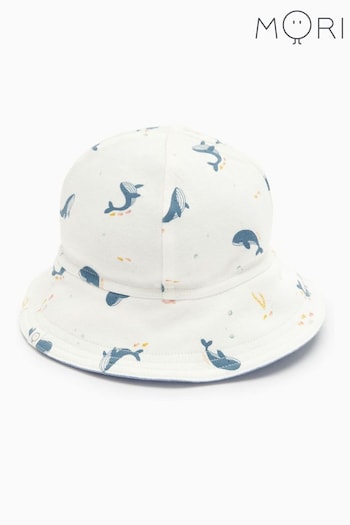 MORI Cotton Muslin Peach Whale Print Reversible Bucket White Hat (B66151) | £17.50