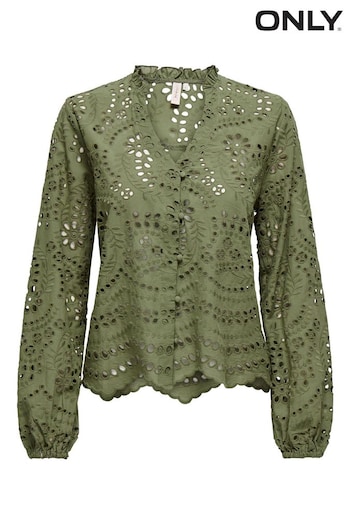 ONLY Green Broderie Long Sleeve Button Up Blouse (B66158) | £38