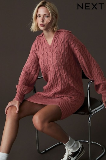 Mauve Pink Collar V-Neck Long Sleeve Cable Knitted Short Mini Jumper Dress (B66243) | £42