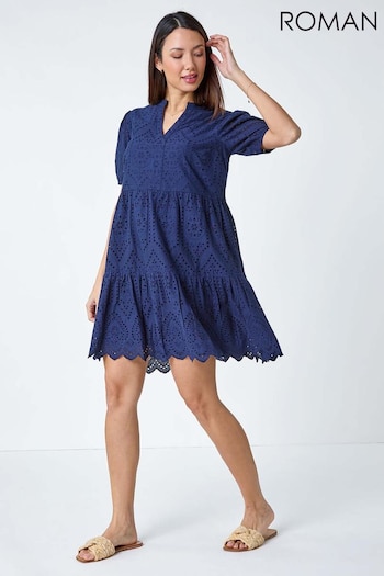 Roman Blue Embroidered Tiered Cotton Smock Dress (B66245) | £48