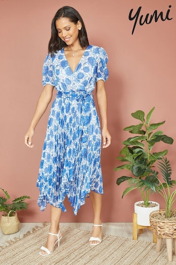 Yumi Blue Floral Pleated Midi cross Dress With Puff Sleeves (B66315) | £60