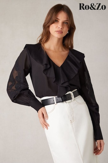 Ro&Zo Embroidered Mesh Sleeve Black Blouse (B66521) | £79