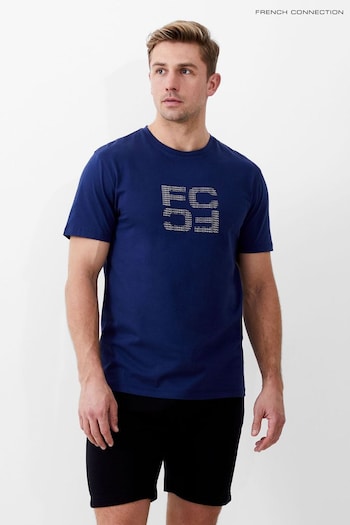 French Connection Blue Organic Mirror Repeat Logo Graphic T-Shirt (B66577) | £25