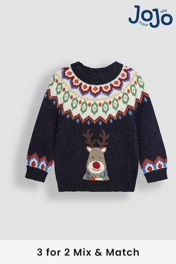 JoJo Maman Bébé Navy Reindeer Christmas Reindeer Fair Isle Jumper (B66714) | £30