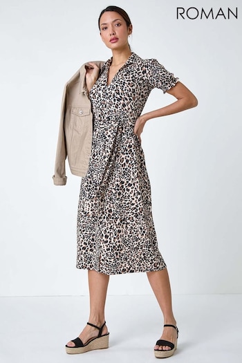 Roman Brown Animal Print Textured Skinny Shirt Dress (B66922) | £40