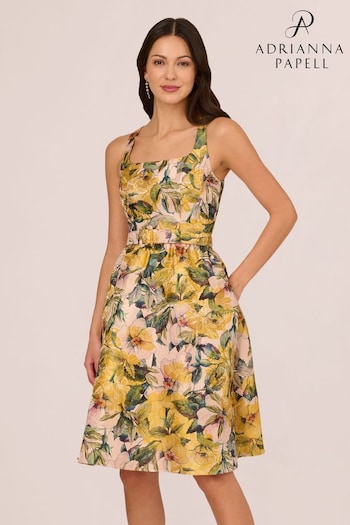 Adrianna Papell Yellow Jacquard Midi Dress (B67189) | £189