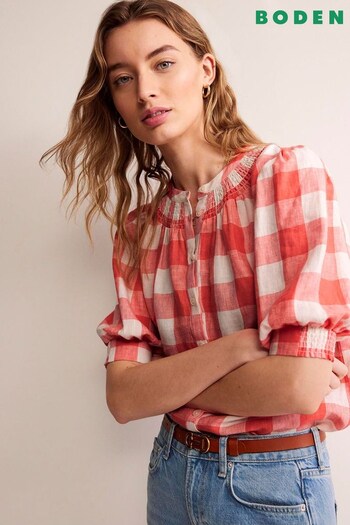 Boden Pink Ada Linen Gingham Top (B67269) | £70