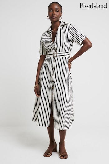 River Island Navy Short Sleeve Stripe Belted Shirt Women Dress (B67270) | £55