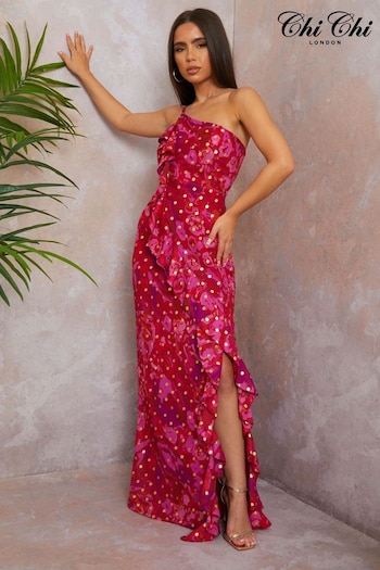 Chi Chi London Red One Shoulder Ruffle Detail Foil Spot Maxi Dress (B67340) | £75