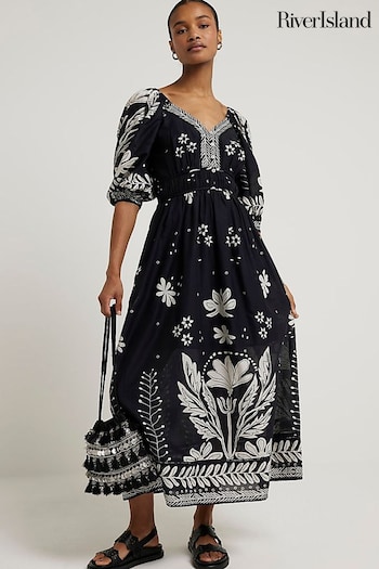 River Island Black V-Neck Midi Tea Dress dress (B67517) | £55