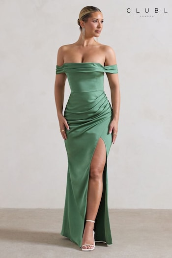 Club L Green Katia Satin Bardot Fishtail Maxi Dress (B67695) | £95