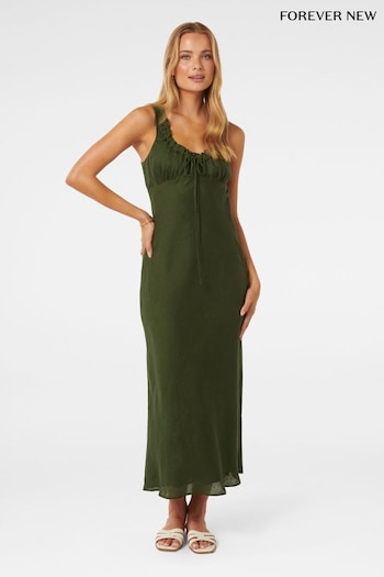 Forever New Green Pure Linen Etta Bow Tie Midi Dress (B67778) | £95