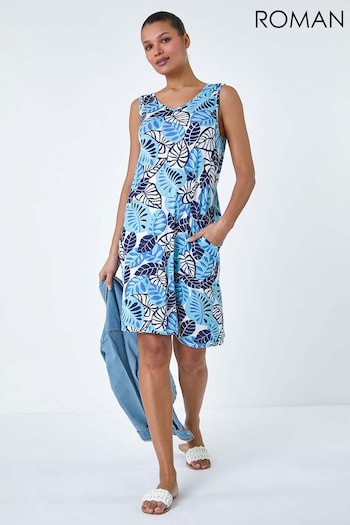 Roman Blue Leaf Print Pocket Stretch Swing Dress (B67858) | £36