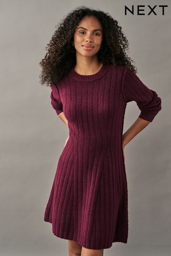 Red Berry Ribbed Fit And Flare Mini Knitted Jumper Dress With Wool (B67905) | £0