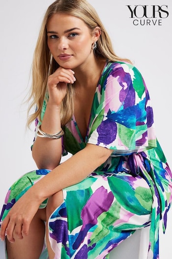 Yours Curve Green Abstract Floral Print Wrap Dress (B67966) | £53
